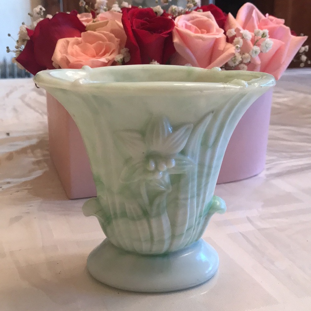 Vintage green and white glass vase